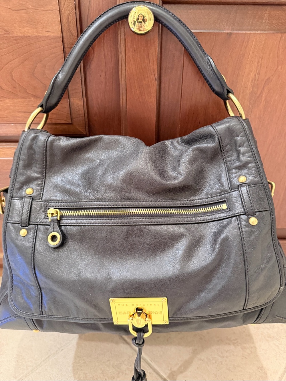 The Original Car Shoe Black Leather Shoulder Bag with Gold Hardware